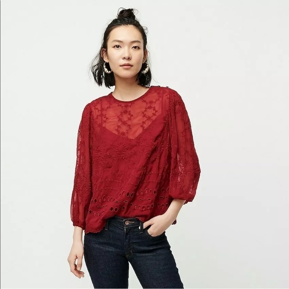 J Crew Mixed Embroidery Shirt Lace Top Red NWT XS